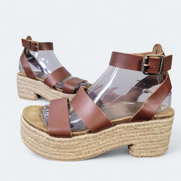 Steve Madden Brown Leather Strappy Platform Sandals Espadrilles Heels Size 9 - Picture 3 of 16